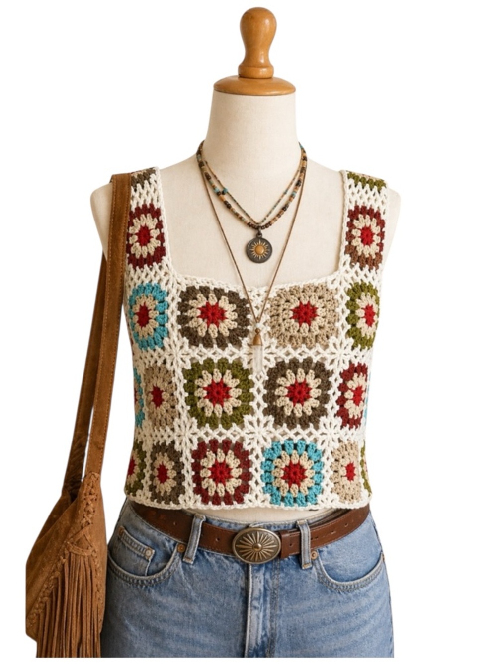 Womens Cropped Crochet Boho Tank Top Small Cottage Festival Hippie Granny Square